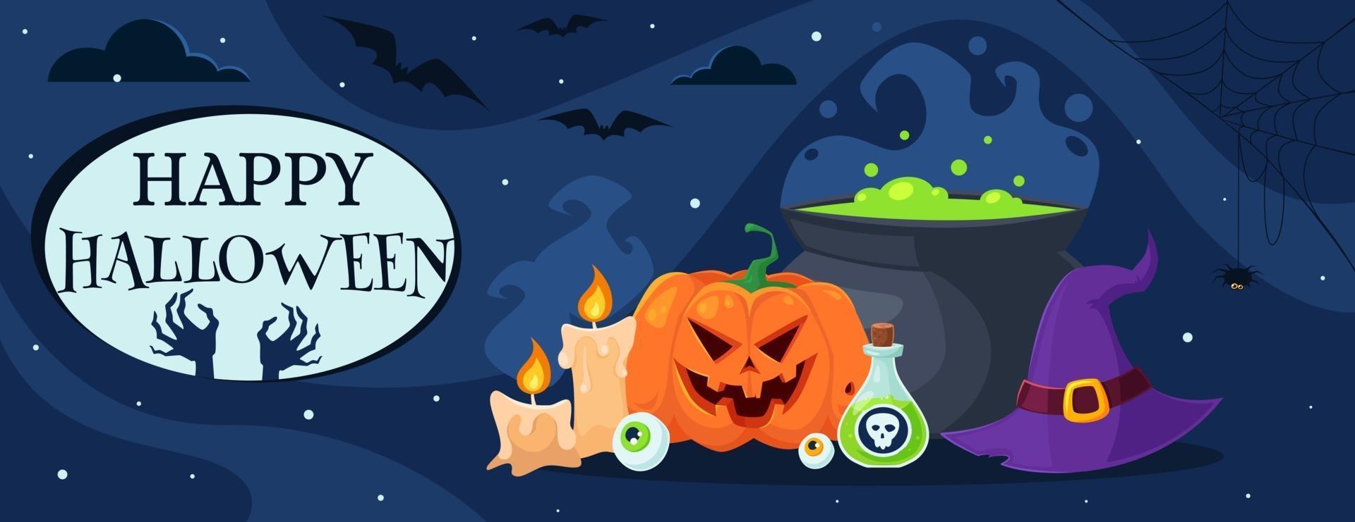 happy halloween-wenskaart met pot, heksenhoed, drankje, kaarsen, oog. vector illustratie