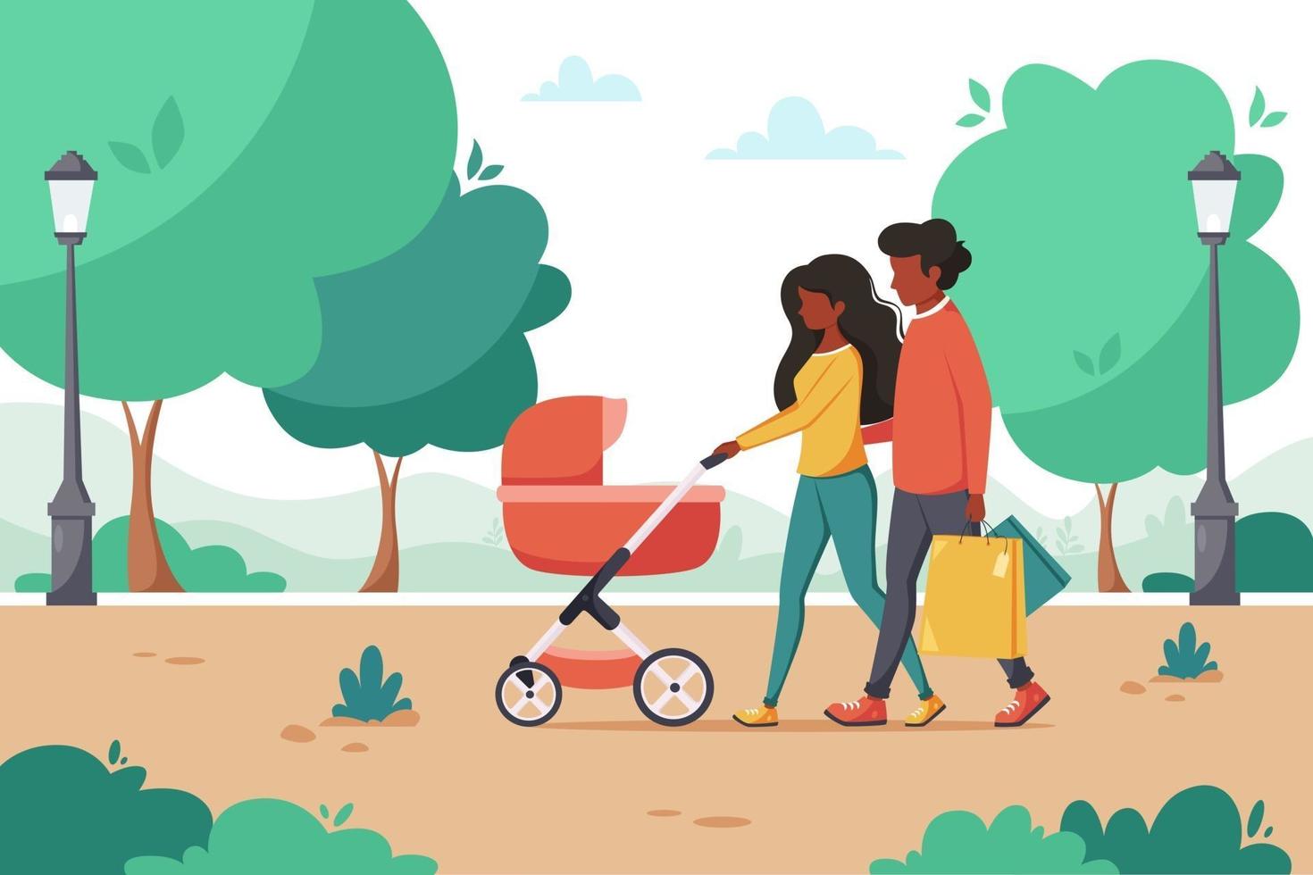 zwarte gezin met kinderwagen wandelen in het park. buiten activiteit. vector illustratie
