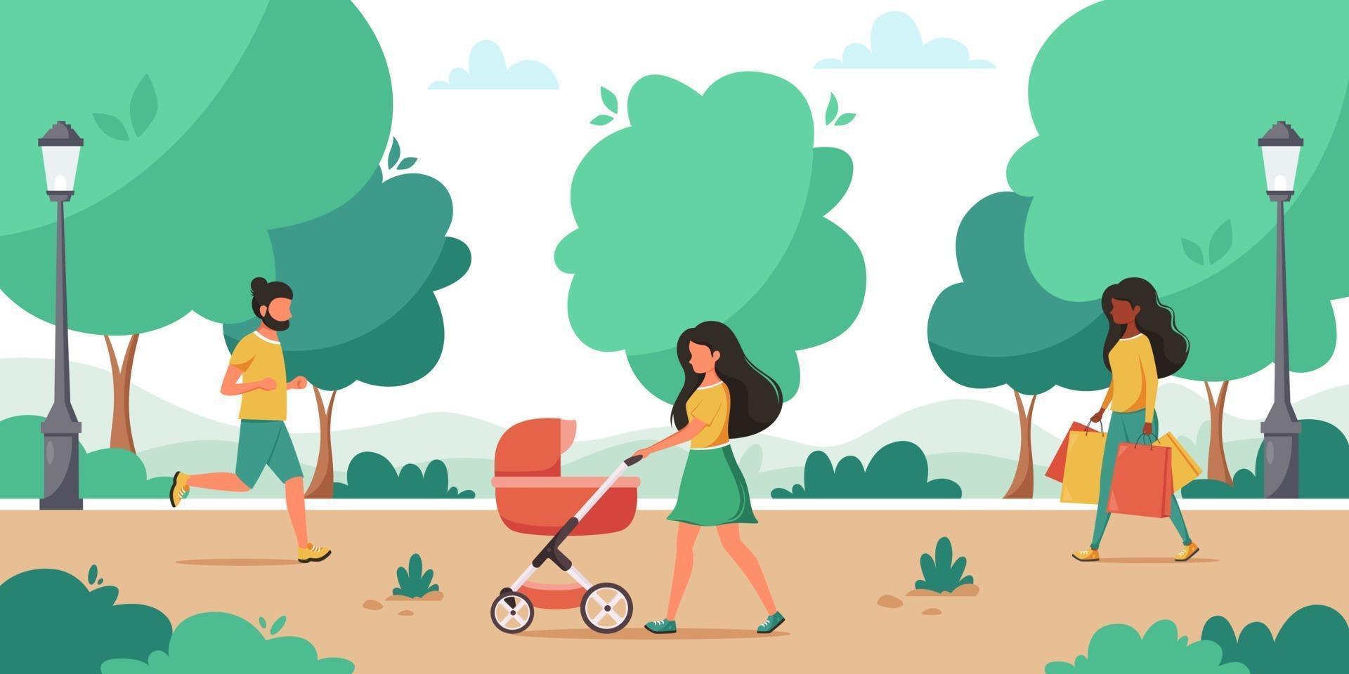 park activiteit. vrouw wandelen in het park met baby. man joggen. buiten activiteit. vector illustratie