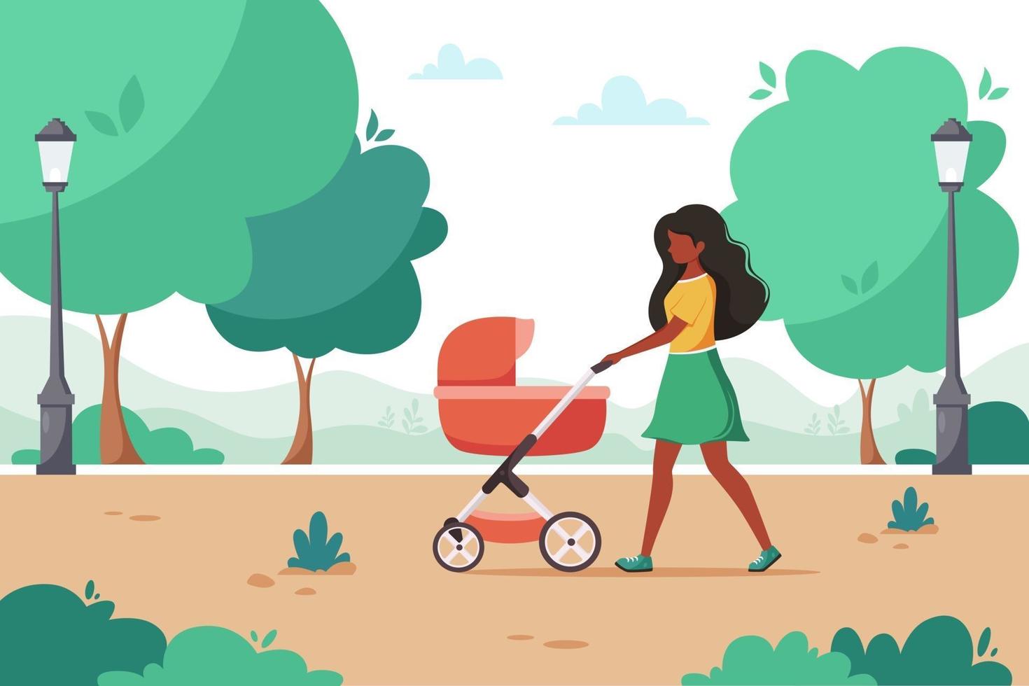 zwarte vrouw lopen met kinderwagen in stadspark. buiten activiteit. vector illustratie.