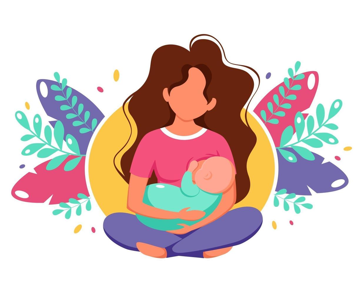 borstvoeding concept. vrouw een baby voeden met borst op bladeren achtergrond. vectorillustratie in vlakke stijl. vector