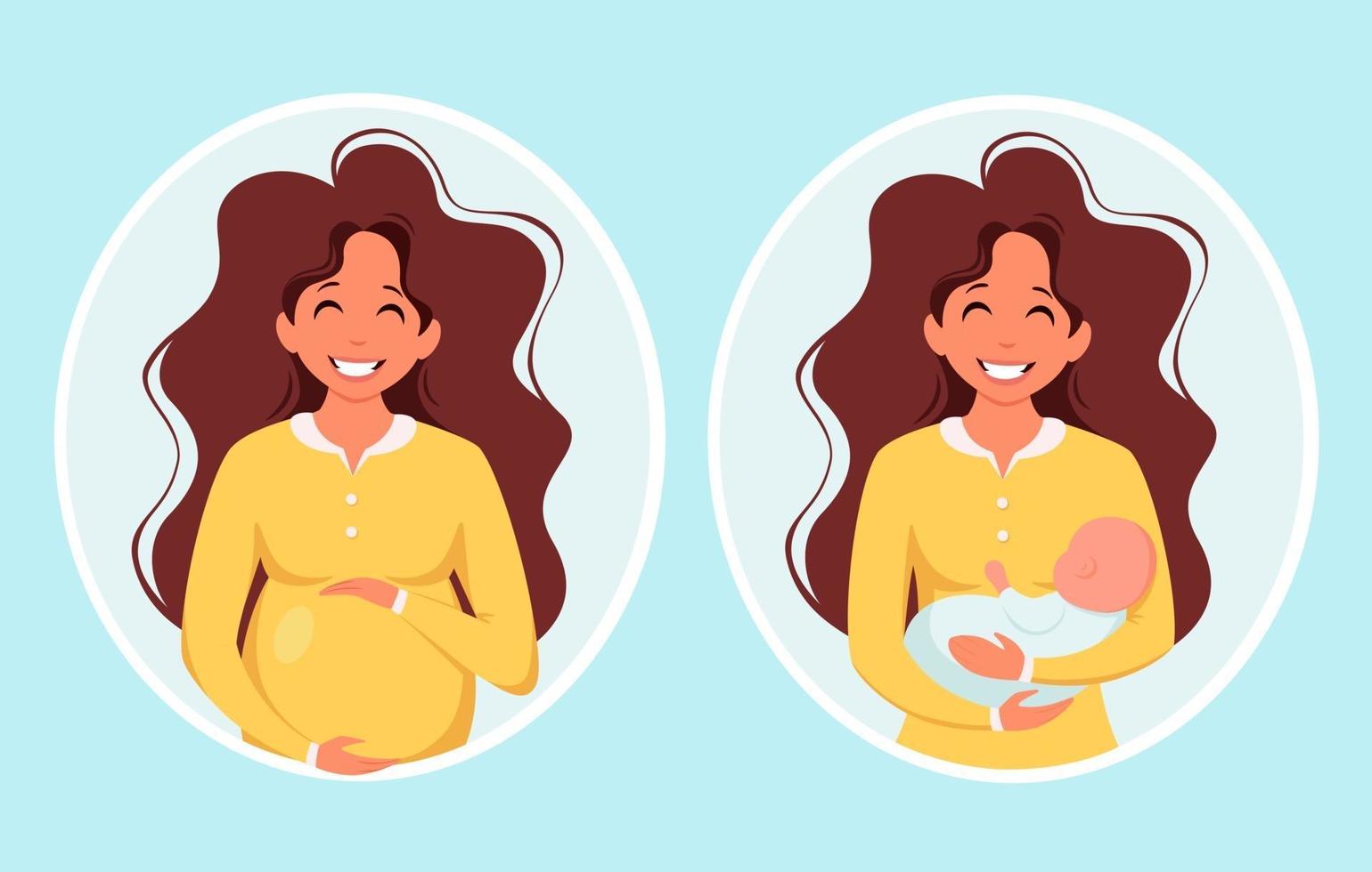 zwangere vrouw. vrouw met pasgeboren. zwangerschap, moederschap concept. vector illustratie.