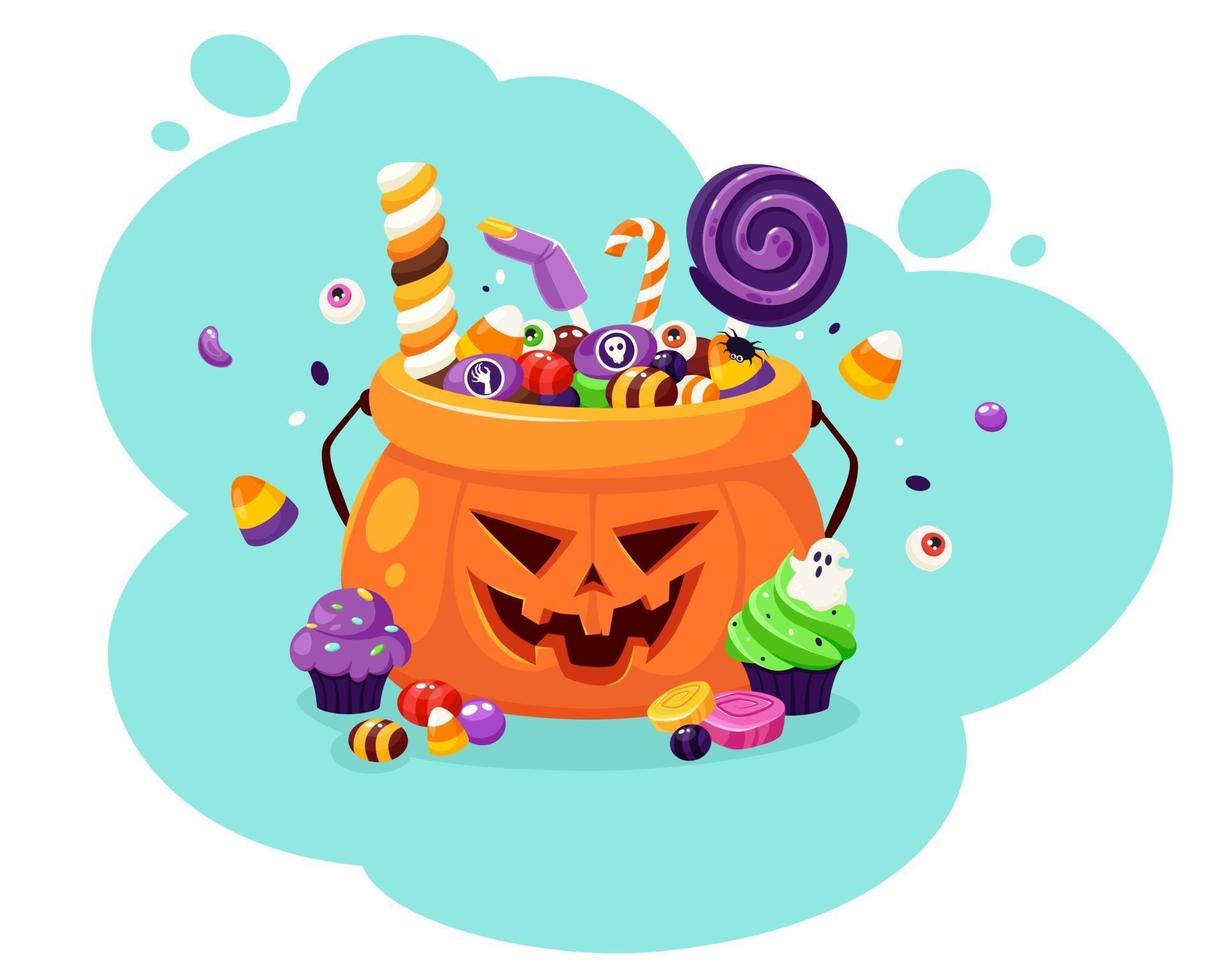 fijne Halloween. pompoen met griezelige snoepjes en suikergoed. vectorillustratie in vlakke stijl. vector