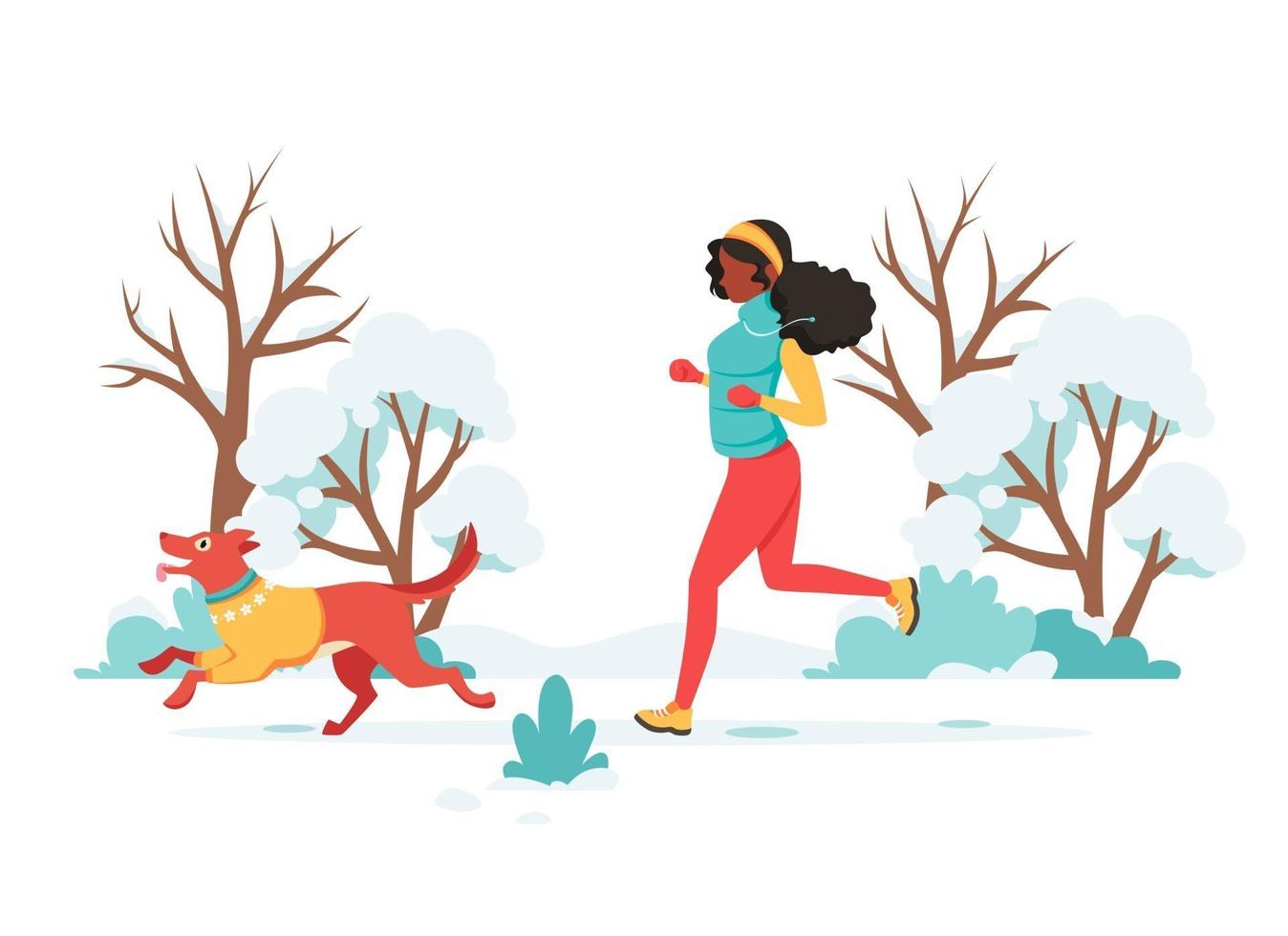 zwarte vrouw joggen met hond in de winter. buiten activiteit. vector illustratie