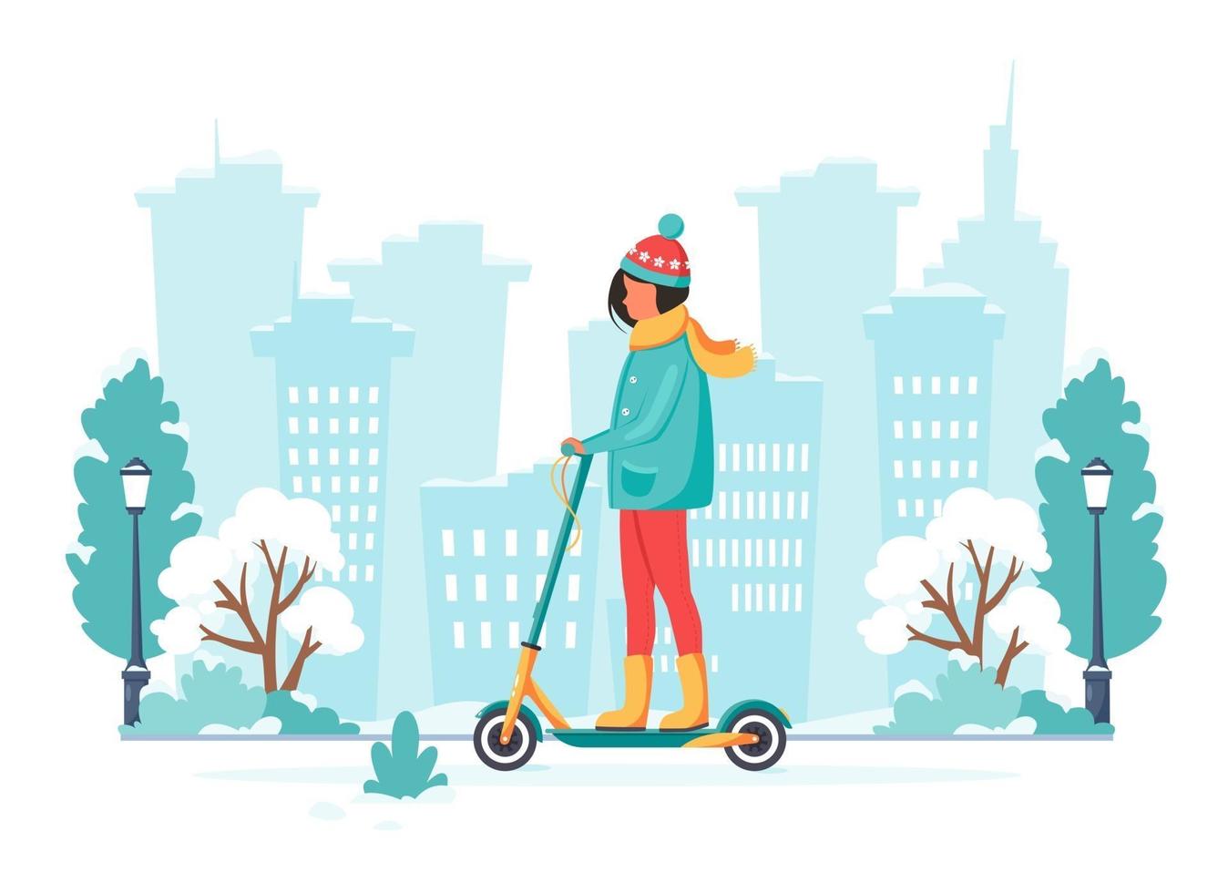 vrouw elektrische kick scooter rijden in de winter. eco transport concept. vector illustratie