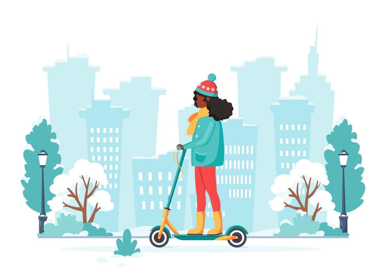 zwarte vrouw elektrische kick scooter rijden in de winter. eco transport concept. vector illustratie