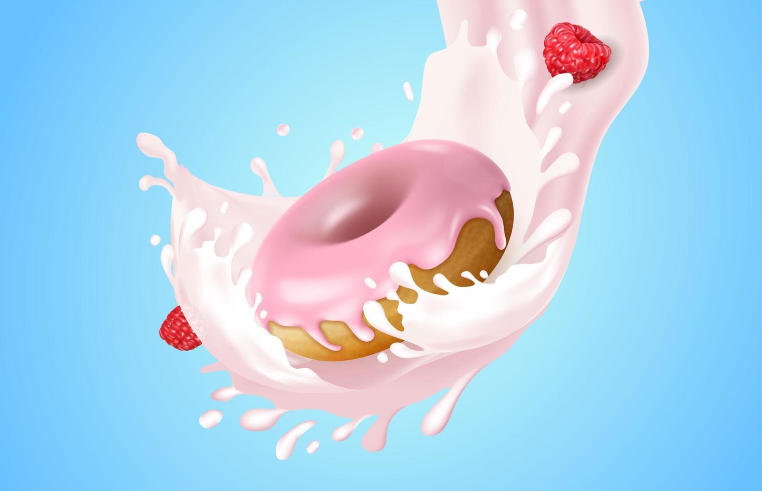 realistisch gedetailleerd 3d roze framboos donut met melkachtig plons effect concept achtergrond. vector