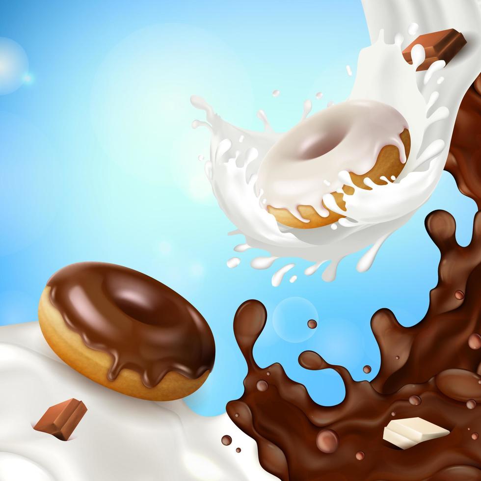 realistisch gedetailleerd 3d melk chocola donuts met melkachtig plons effect concept achtergrond. vector