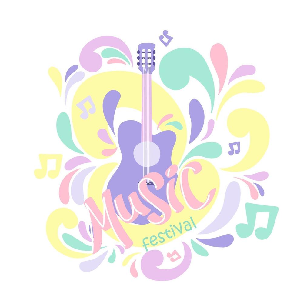 illustratie in pastelkleuren met akoestische gitaar en handschrift. geweldig element voor muziekfestival vector