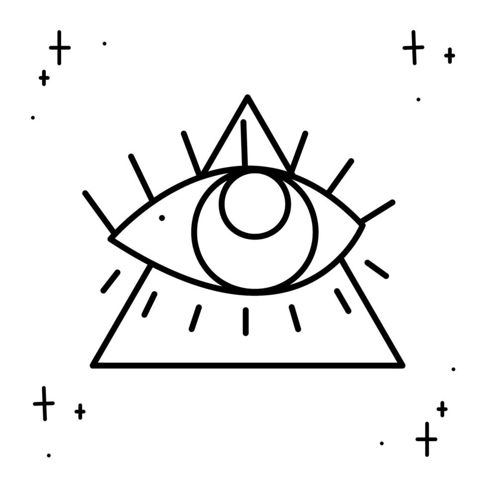 de allemaal zien oog met de symbool van de vrijmetselaars, een driehoek omringd door sterren. tekening vector illustratie, clip art.