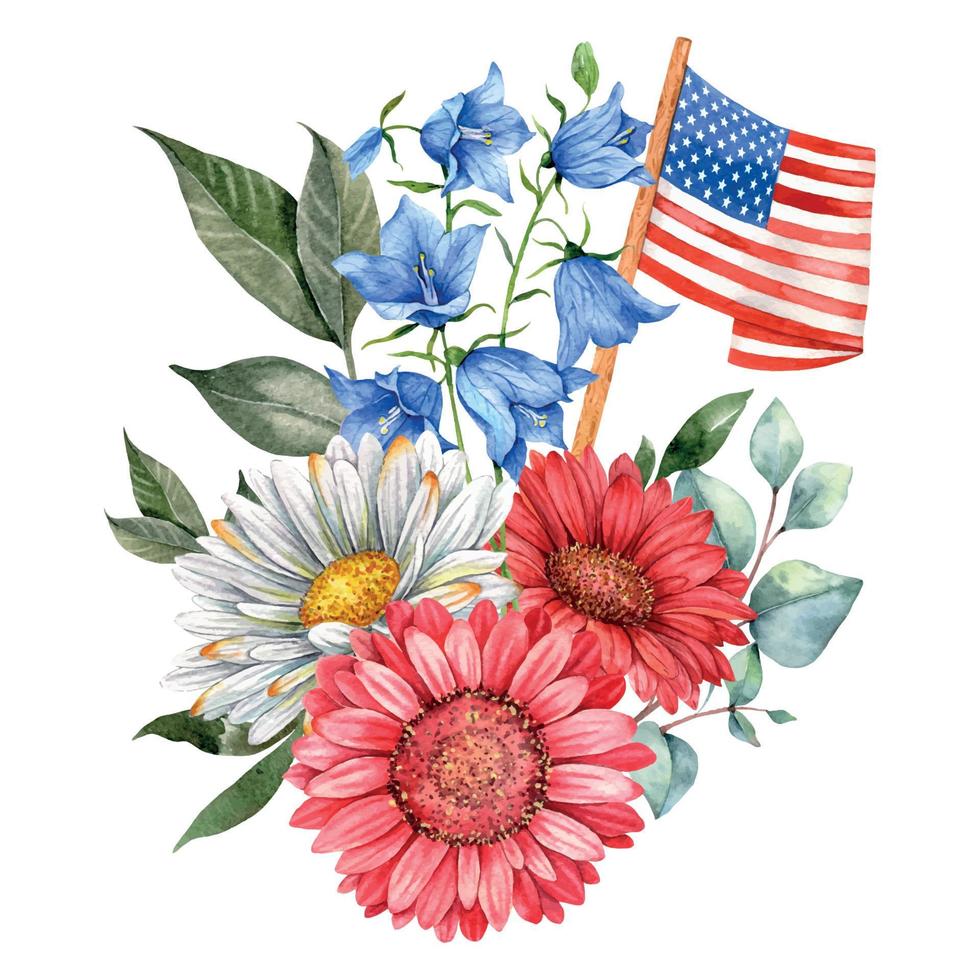 4e van juli patriottisch concept. onafhankelijkheid dag ontwerp element. hand- geschilderd waterverf bloemen arrestatie . botaisch illustratie vector