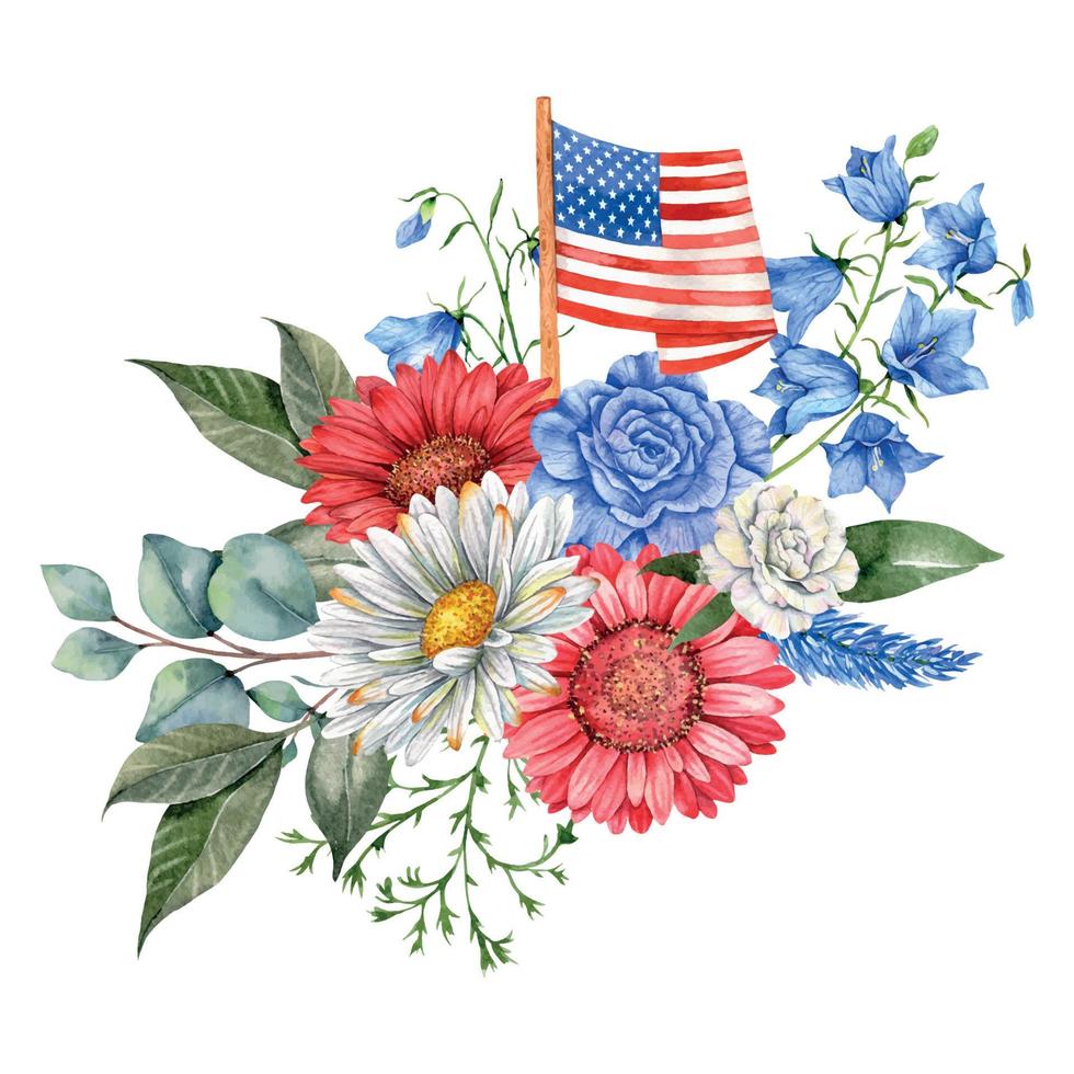 4e van juli patriottisch concept. onafhankelijkheid dag ontwerp element. hand- geschilderd waterverf bloemen arrestatie . botaisch illustratie vector