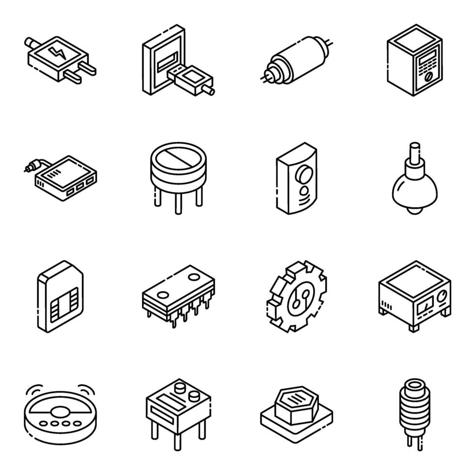 elektronische componenten en condensatoren isometrische icon set vector