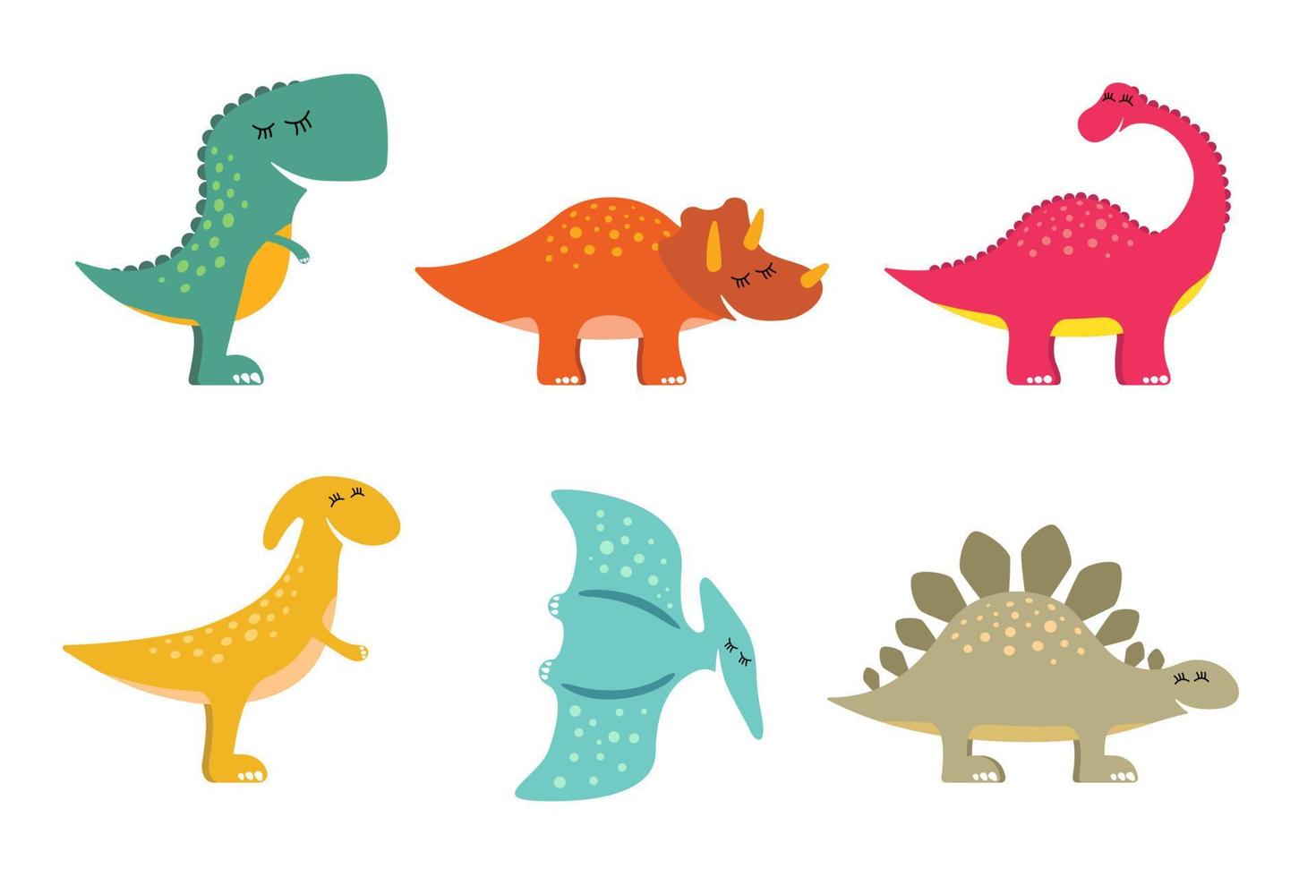 schattig kleurrijk dino set. soort glimlachen dinosaurus verzameling. tekenfilm grafisch brontosaurus, tyrannosaurus rex, pterodactylus, triceratopen, stegosaurus en parasaurolophus ontwerp. creatief hand- getrokken prints vector