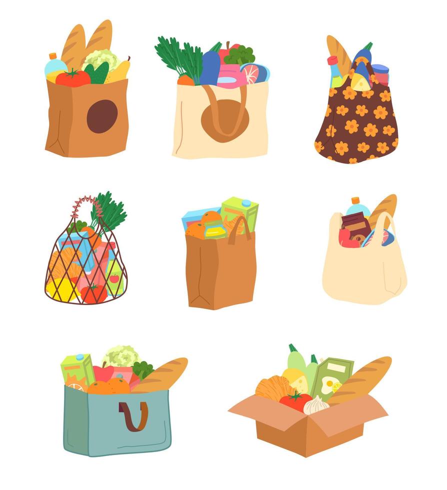 tekenfilm voedsel in kruidenier zak of doos icoon set. vector