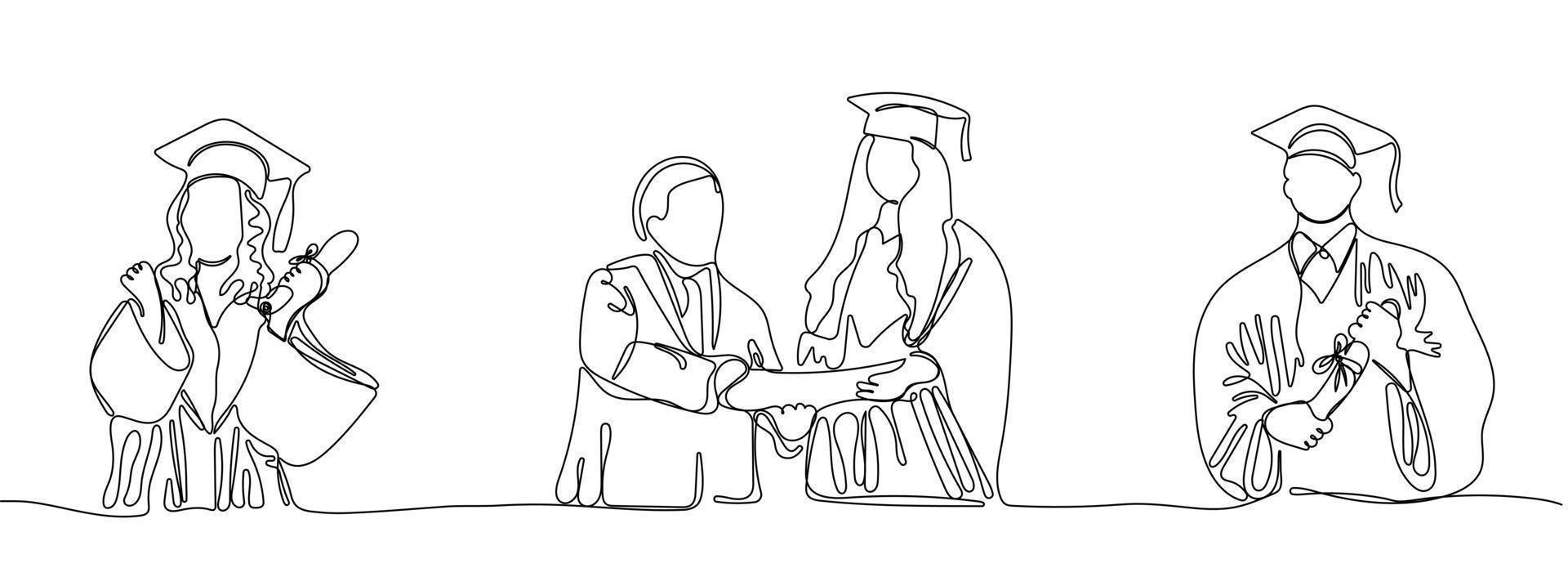 doorlopend een lijn tekening afgestudeerden met diploma's vector