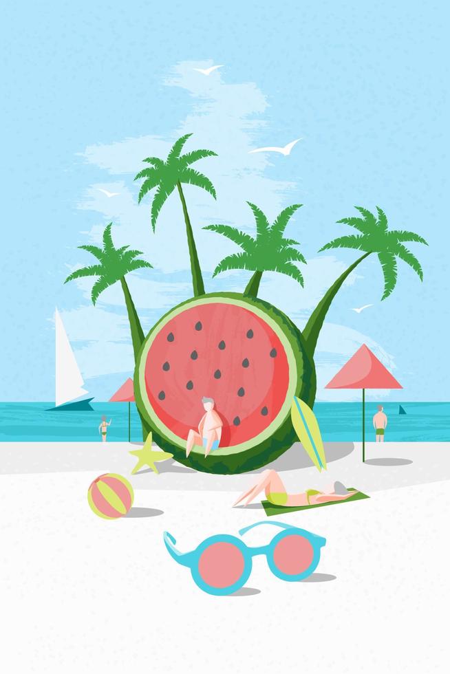 tekenfilm kleur tekens mensen en strand vakantie concept poster kaart met watermeloen en zonnebril vlak ontwerp stijl. vector illustratie