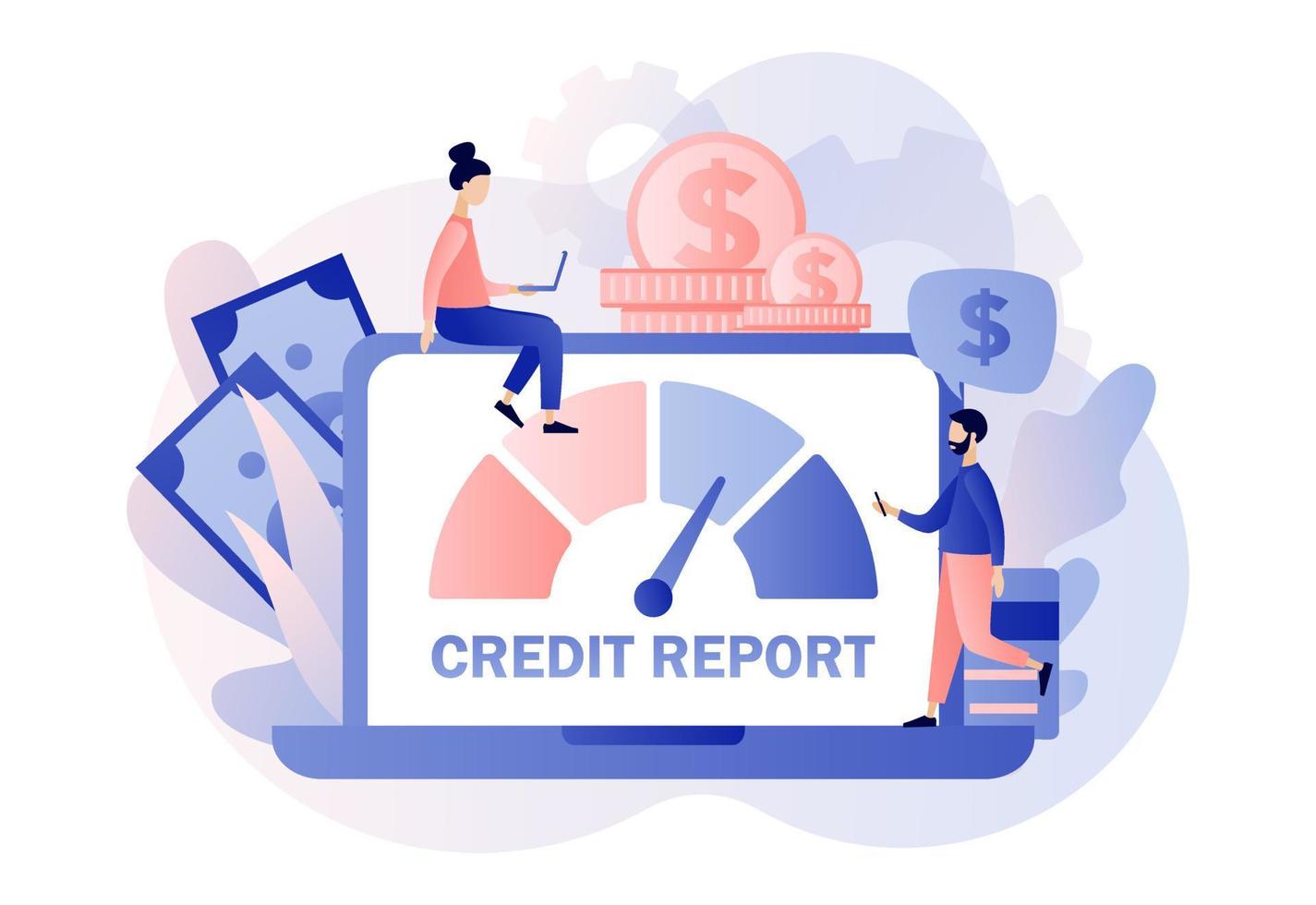 credit verslag doen van online. credit beoordeling. persoonlijk credit partituur informatie en financieel beoordeling. klein mensen analisten credit risico controle.modern vlak tekenfilm stijl. vector illustratie Aan wit achtergrond