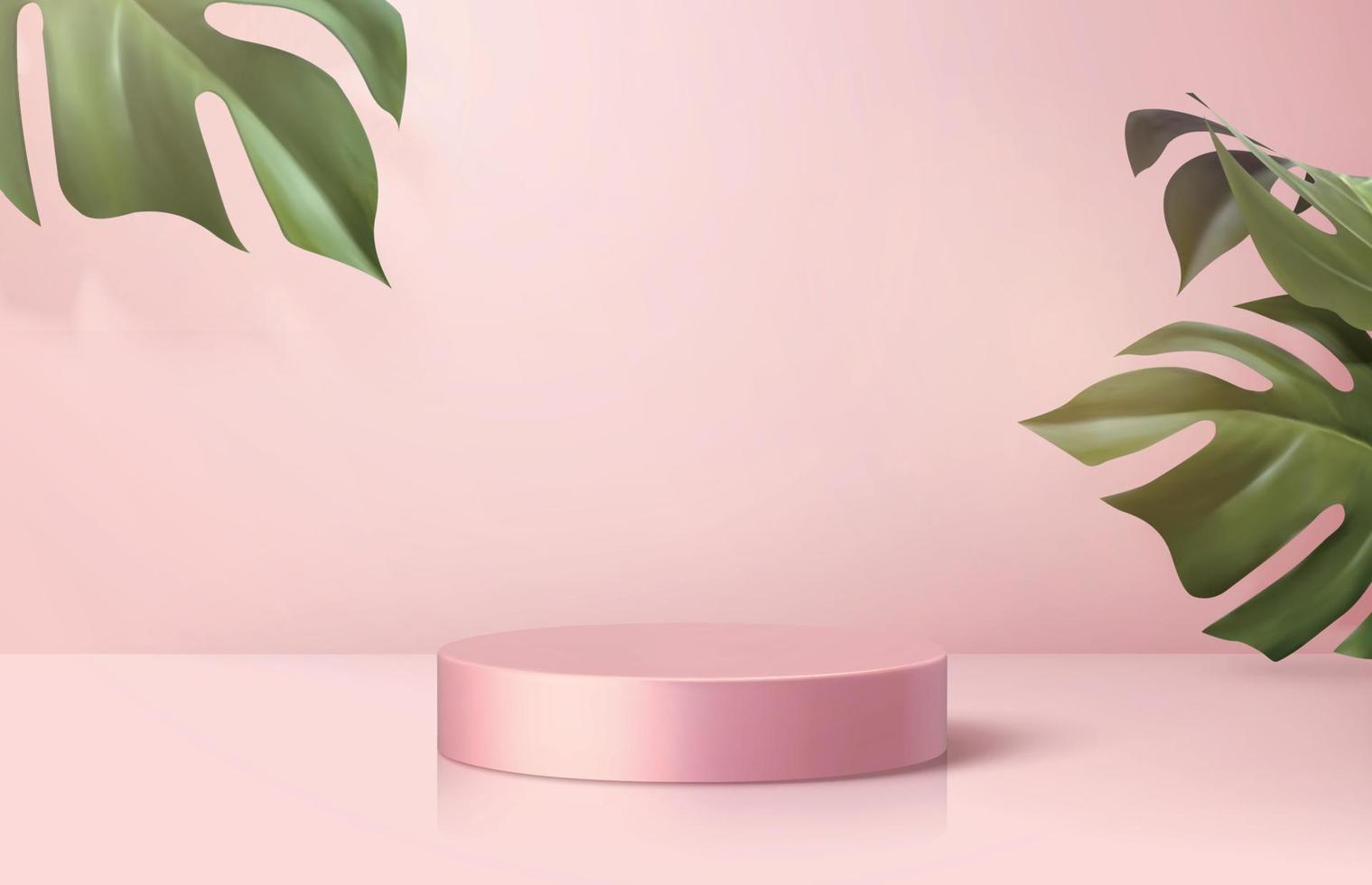 Product Scherm podium versierd met monstera bladeren Aan kers bloesem roze achtergrond, 3d illustratie vector