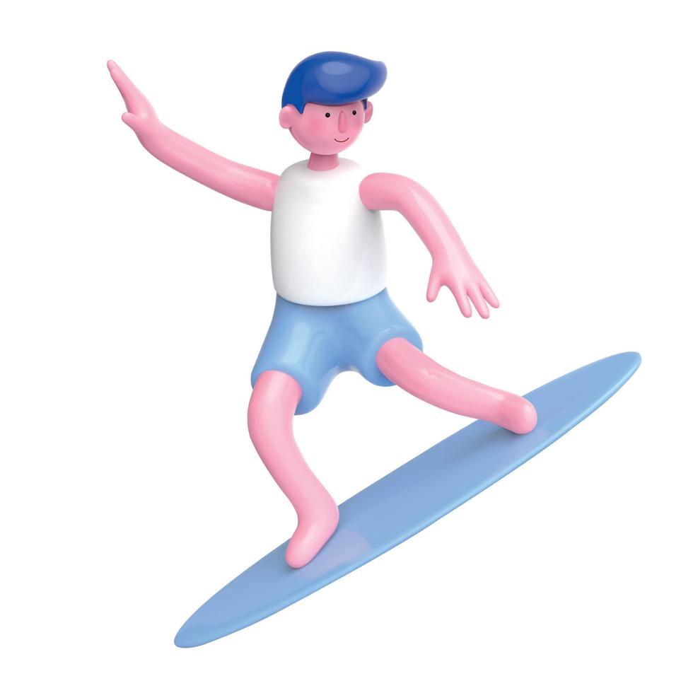 schattig surfer karakter met tank top en korte broek, geïsoleerd Aan wit achtergrond, 3d illustratie vector
