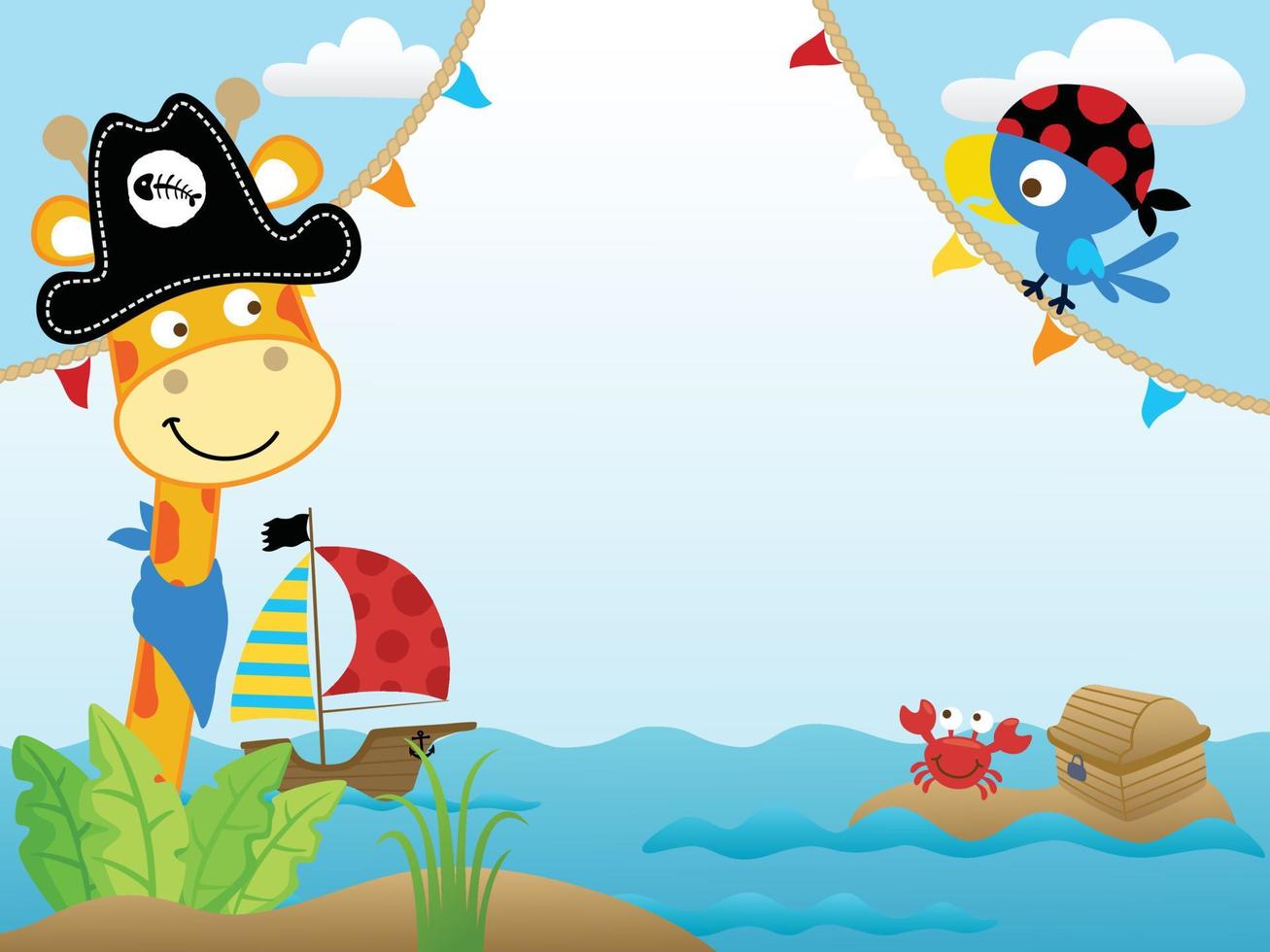 vector tekenfilm van blanco leeg achtergrond sjabloon, grappig giraffe met vogel in piraat kostuum, piraat elementen illustratie