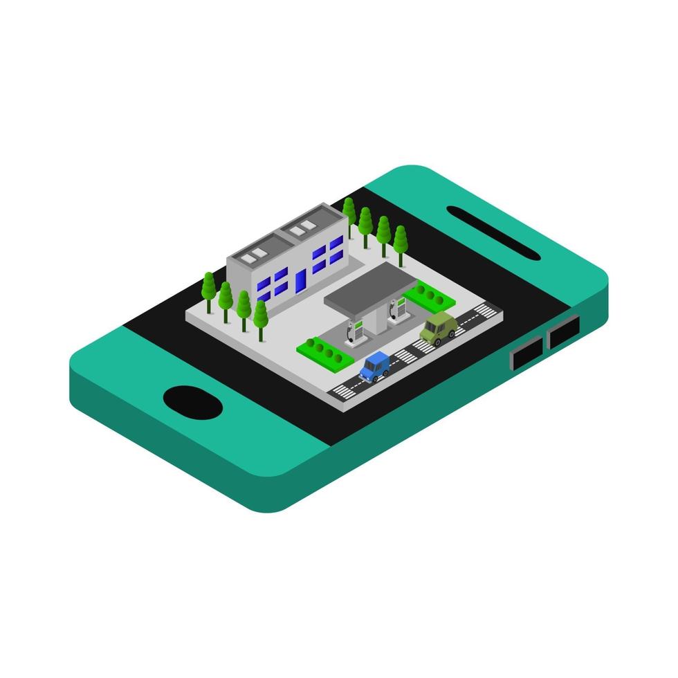 isometrisch benzinestation op smartphone vector