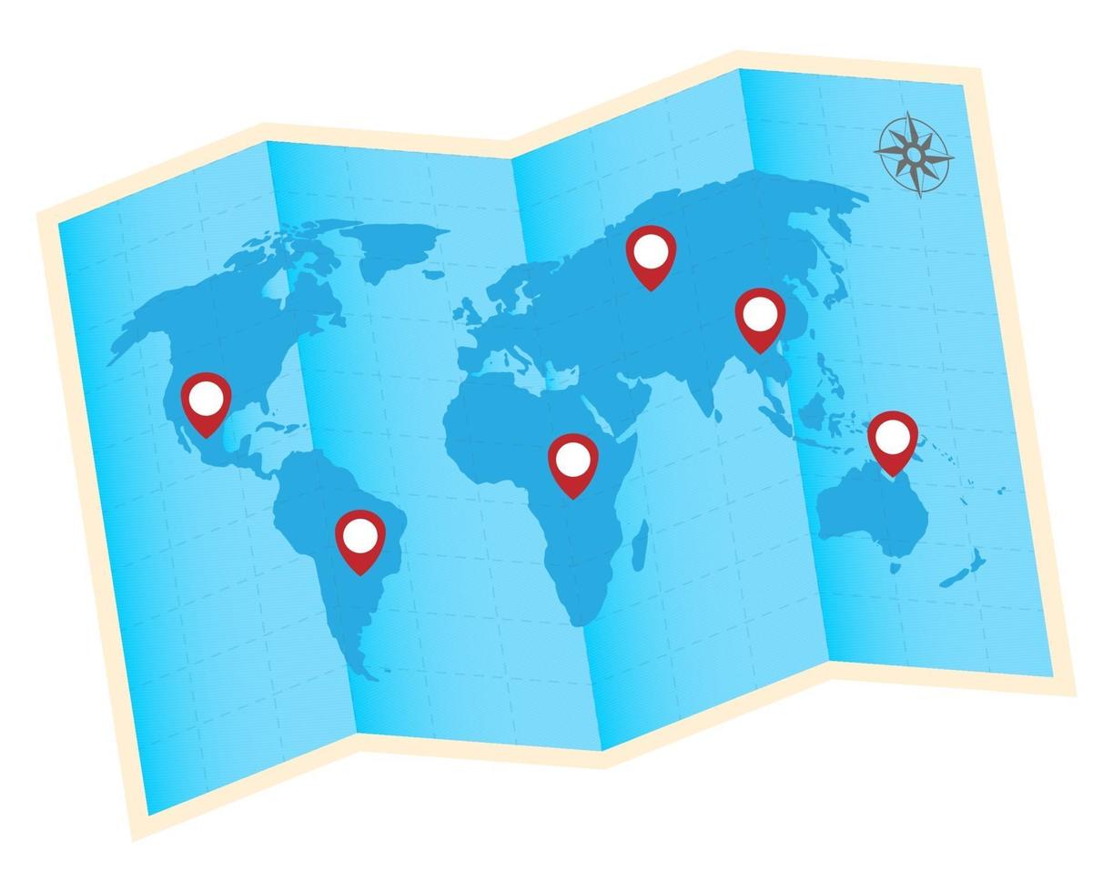 gevouwen wereldkaart met rode gps-pictogrammen vector