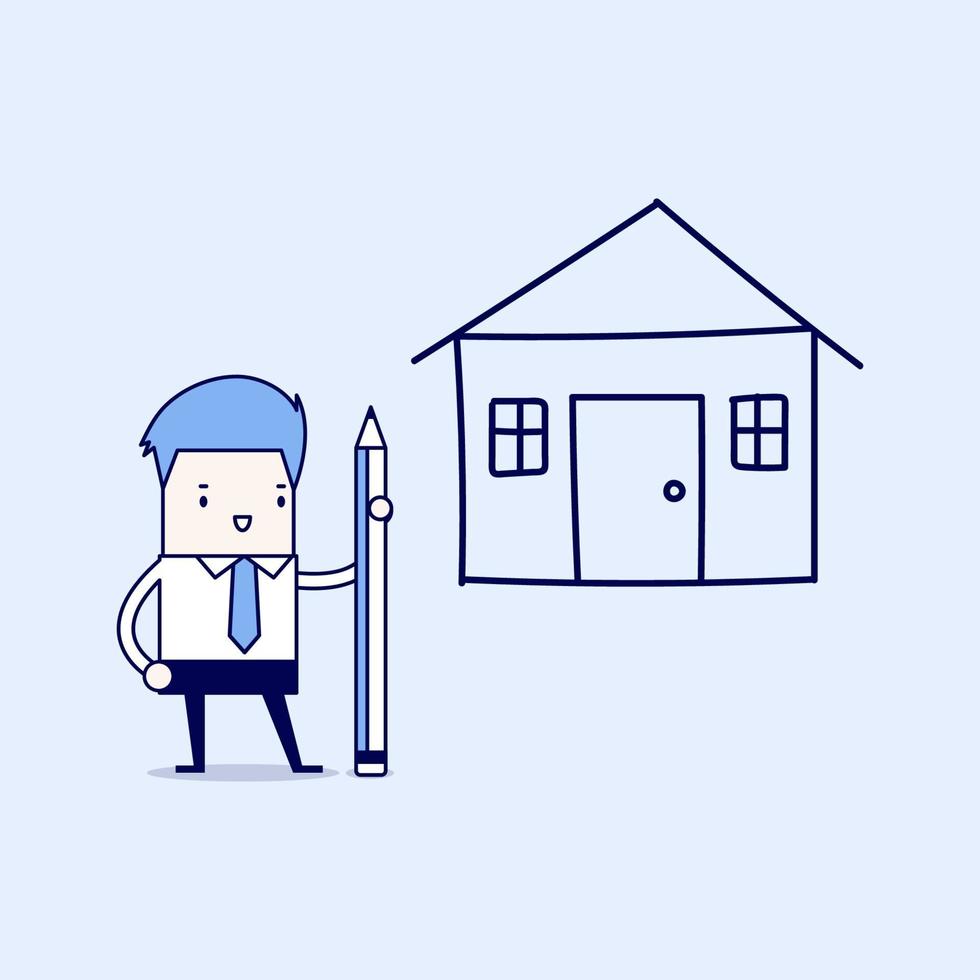 zakenman tekening huisplan met potlood. cartoon karakter dunne lijn stijl vector. vector