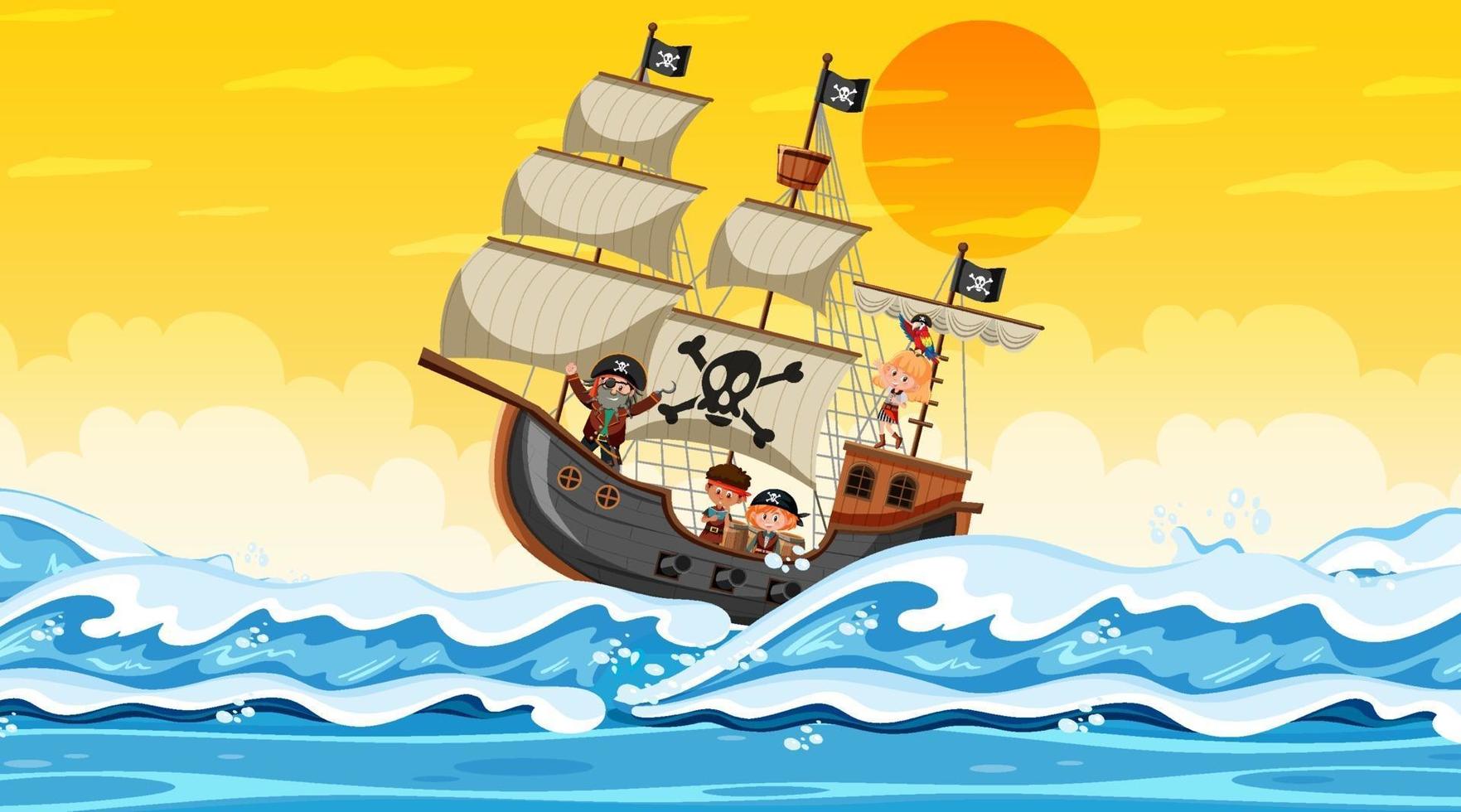 oceaan met piratenschip bij zonsondergangscène in cartoonstijl vector