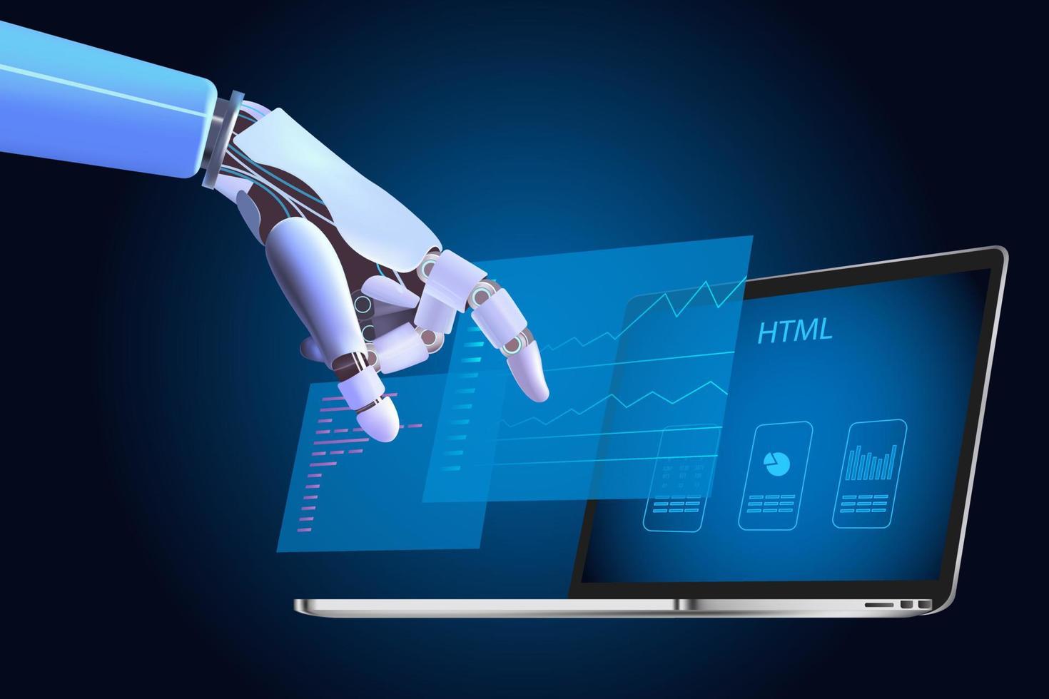 kunstmatig intelligentie- technologieën . robot hand- gebruik makend van extern scherm koppel, innovatie, analyse, programmeren, software vector