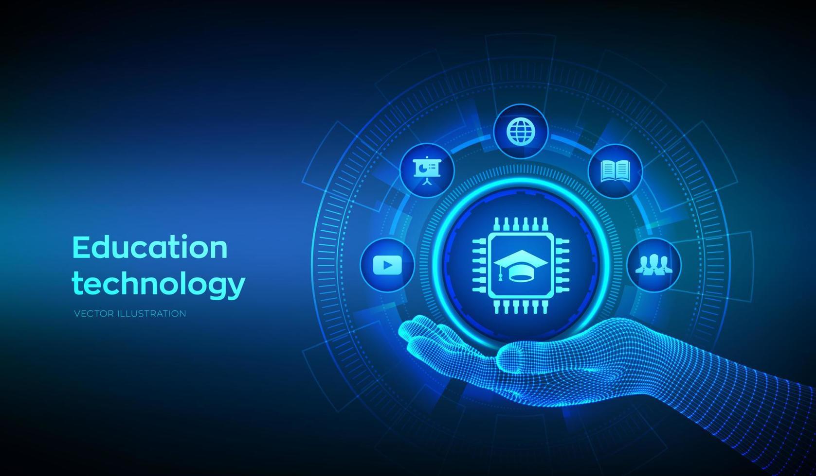 onderwijs technologie icoon in wireframe hand. edtech. vernieuwend online e-learning concept Aan virtueel scherm. webinar, kennis, online opleiding cursussen. vaardigheid ontwikkeling. vector illustratie.