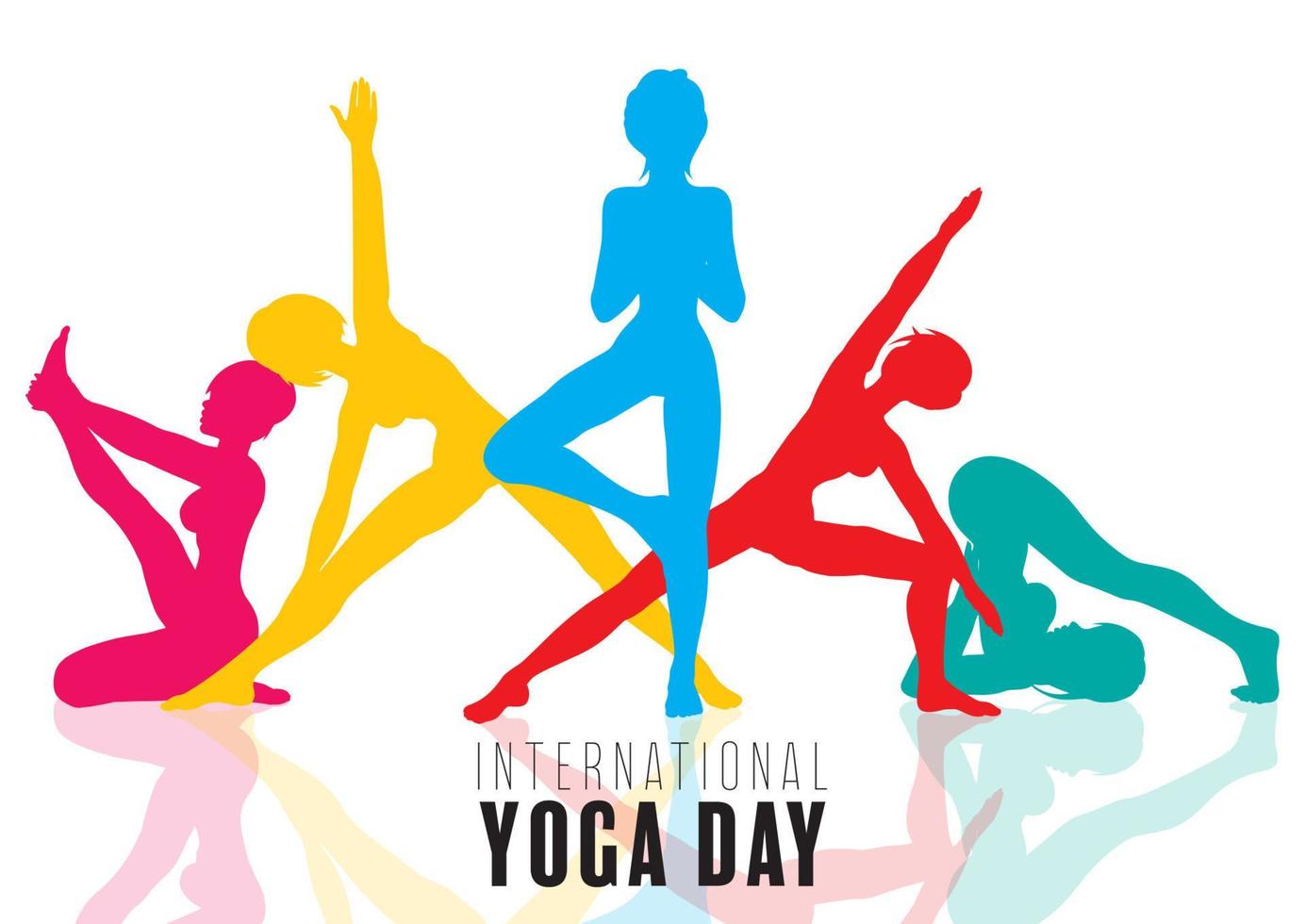 Internationale yoga dag met kleurrijk silhouetten van vrouwtjes in yoga poses vector