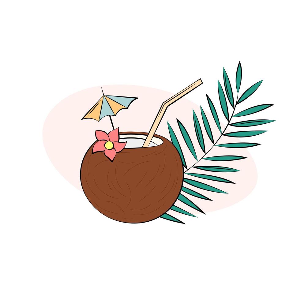kokosnoot melk cocktail geïsoleerd. schattig zomer vakanties drankje. vers tropisch drank en palm blad. schets vector illustratie van bruin kokosnoot met rietje en paraplu