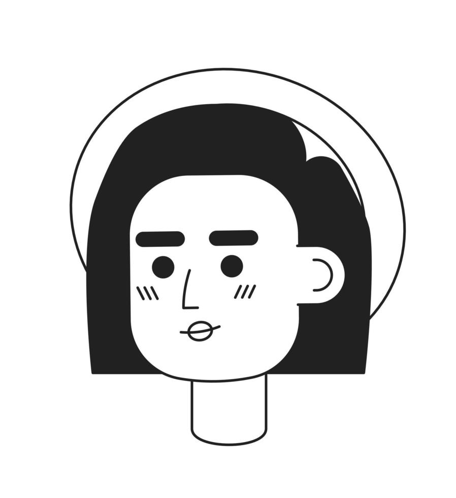 jong vrouw reiziger vervelend rietje hoed monochromatisch vlak vector karakter hoofd. bewerkbare zwart wit tekenfilm gezicht emotie. hand- getrokken lijn kunst inkt plek illustratie voor web grafisch ontwerp, animatie