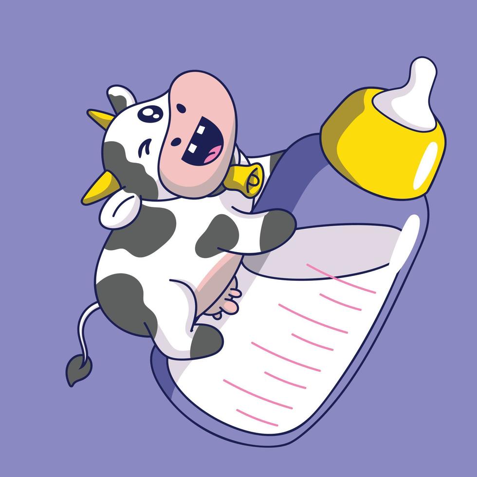 schattig tekenfilm koe met melk fles. vector illustratie van een koe met melk fles.