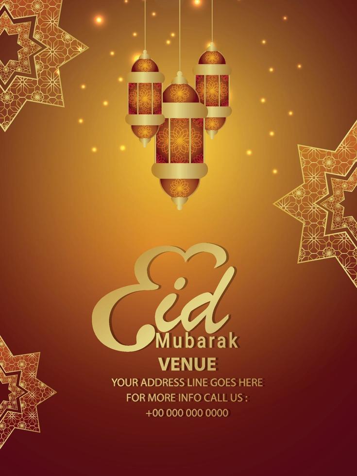 realistische eid mubarak-feestvlieger met Arabisch patroon en lantaarns vector