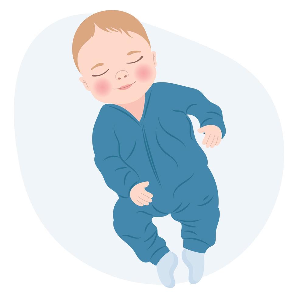 schattig vrolijk baby jongen in blauw kleren, pasgeboren baby jongen. kinderen kaart, afdrukken, illustratie, vector