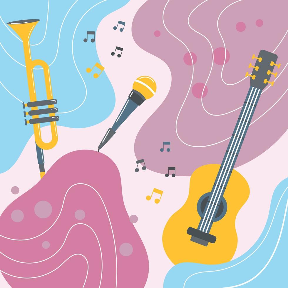 musical instrumenten Aan een gekleurde achtergrond in een boho groef stijl. pastel kleuren. achtergrond, poster, afdrukken, vector