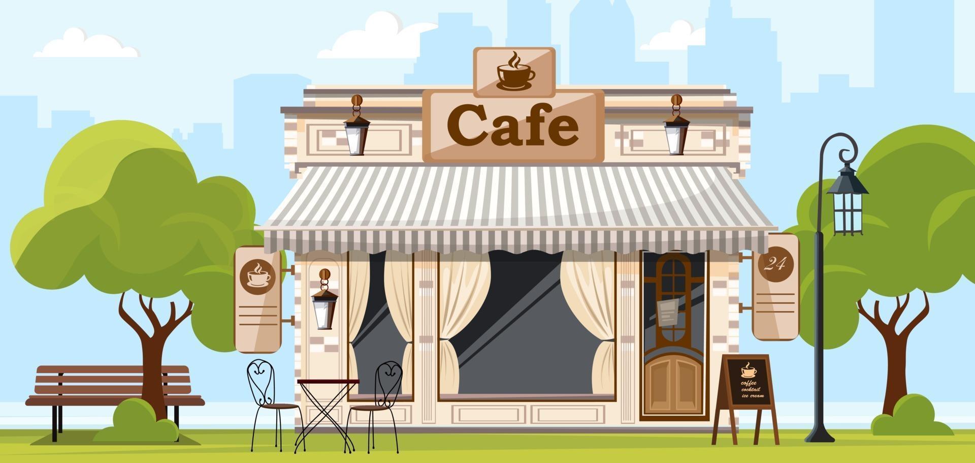 koffiehuis. gevel van een coffeeshopwinkel of café. stad straat achtergrond. vector illustratie
