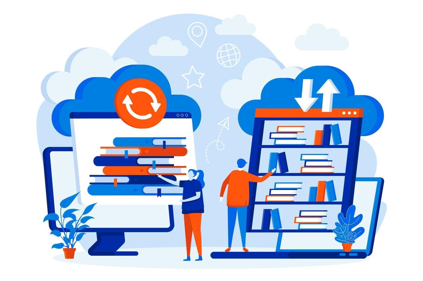 cloud bibliotheek web ontwerpconcept met personages van mensen vector