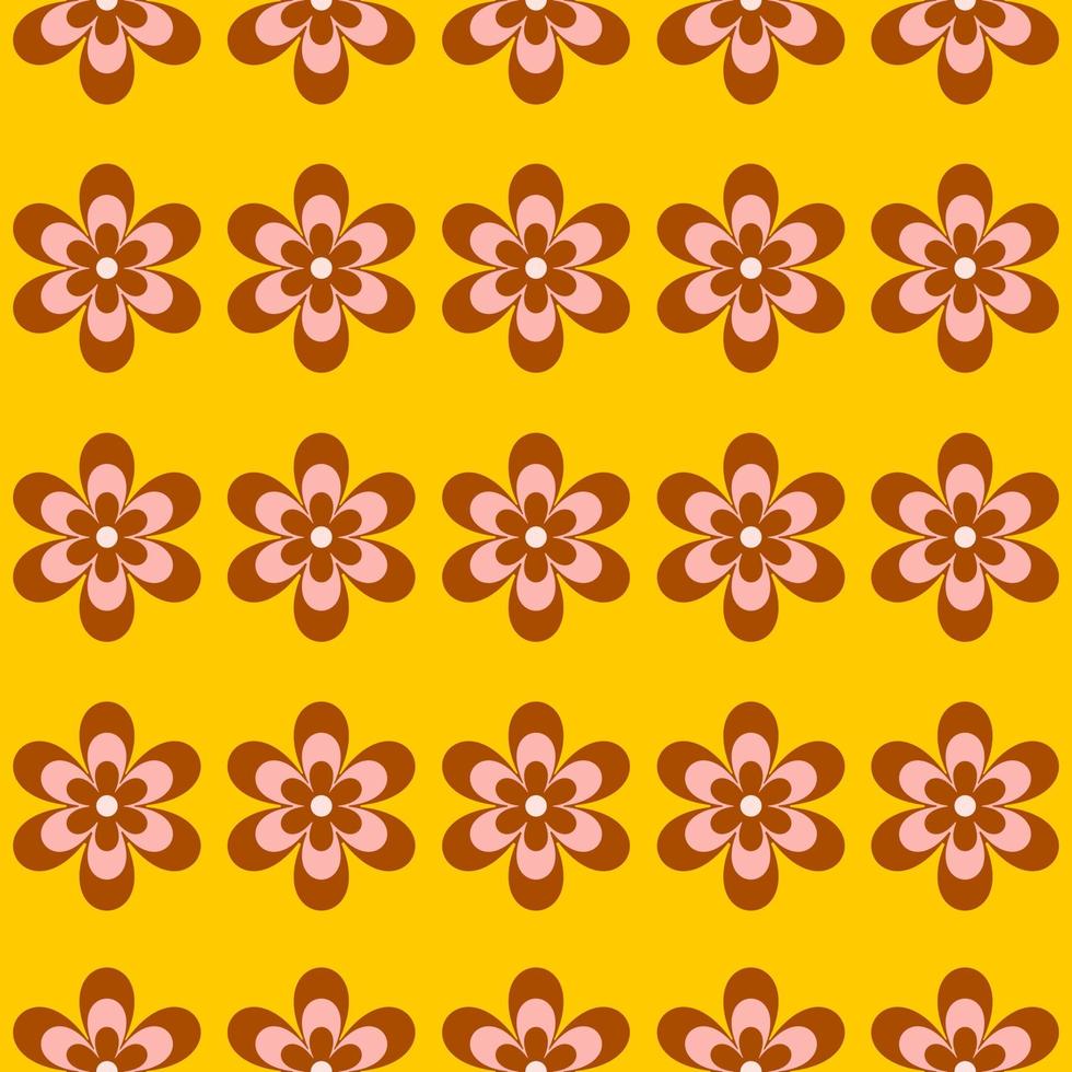 abstract retro naadloos patroon met meetkundig madeliefje bloemen Aan een geel achtergrond. kleurrijk groovy vector illustratie in stijl jaren 60, jaren 70