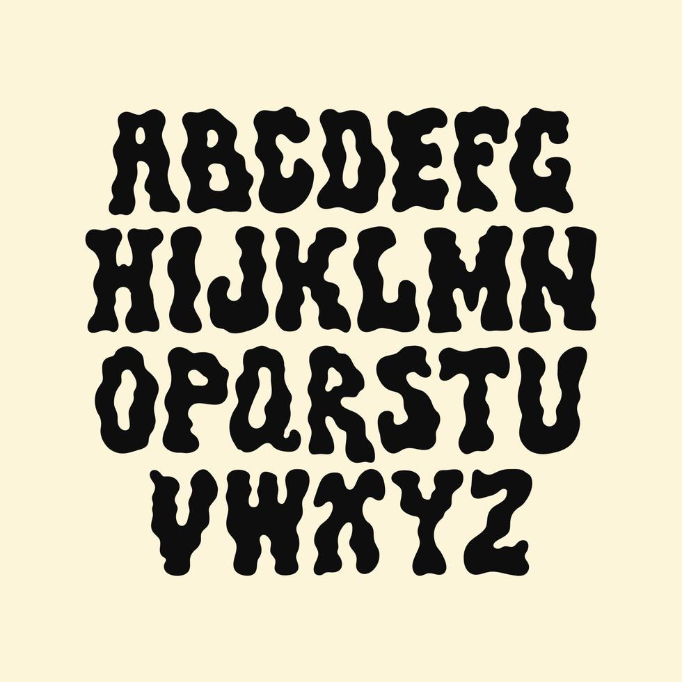 hippie hand getekende lettertype in stijl retro 60s, 70s. trendy psychedelisch alfabet. vector cartoon illustratie