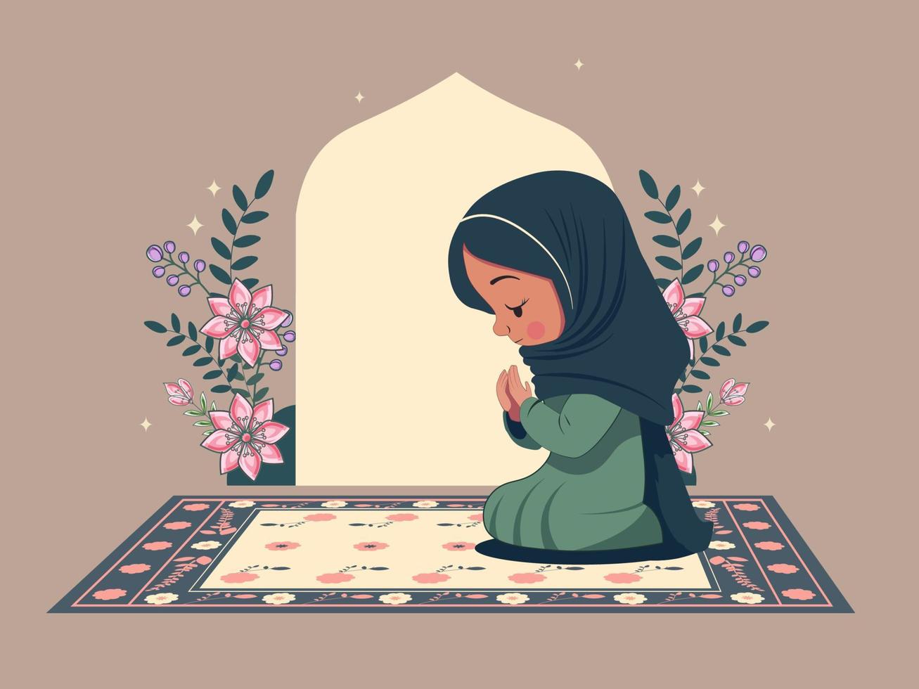 illustratie van moslim meisje aanbieden namaz Aan mat in voorkant van bloemen Islamitisch boog. Islamitisch festival van eid of ramand concept. vector