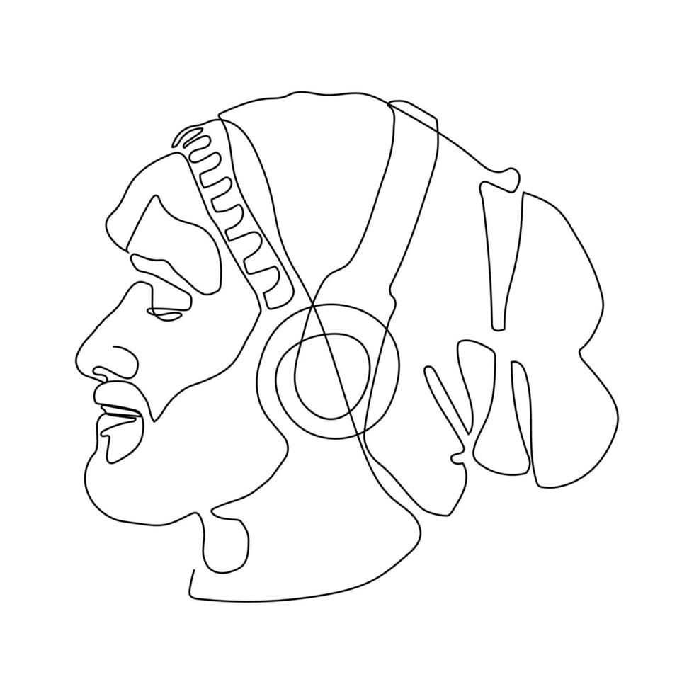 profiel portret van Mens in hoofdtelefoons - doorlopend lijn tekening. vector
