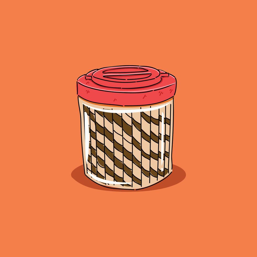 astor is een chocola wafel rollen tussendoortje in de Doorzichtig plastic pot met rood plastic pet Aan top van de pot illustratie vector ontwerp. meestal een tussendoortje naar eten gedurende eid