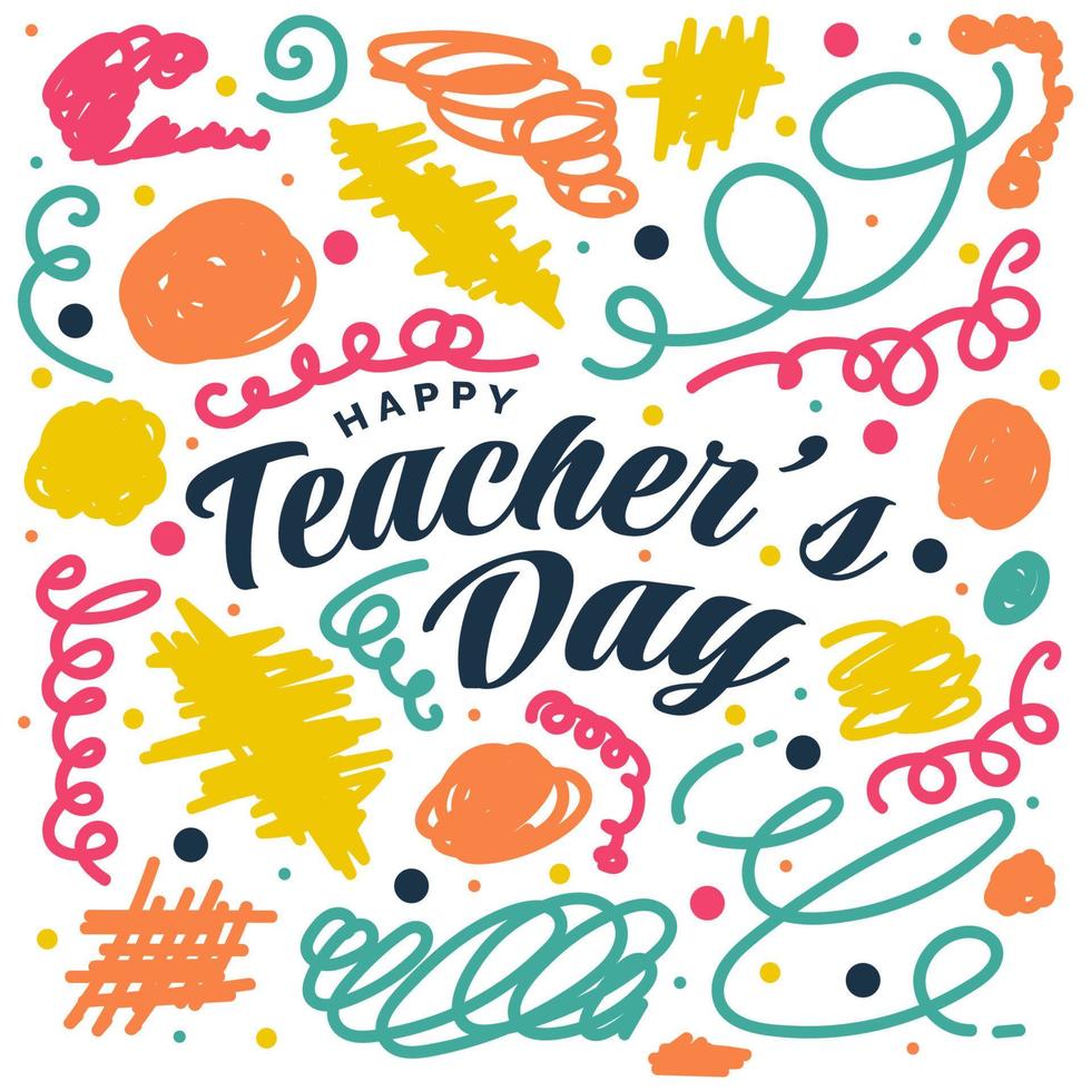 gelukkig leraren dag belettering met kleurrijk kinderachtig uit de vrije hand kattebelletje stijl. leraren dag typografie, kan worden gebruikt voor kaart, poster, en afdrukken vector