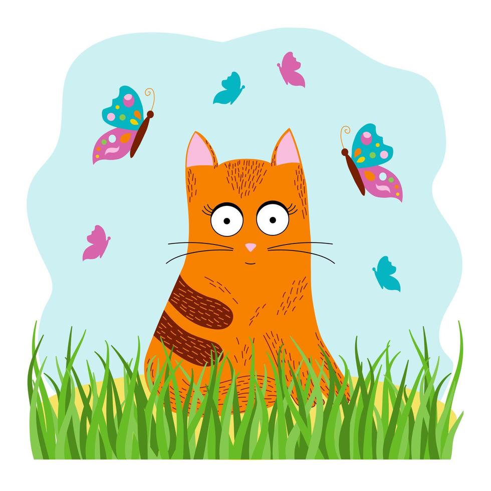 rood kat met vlinders, zomer vector illustratie