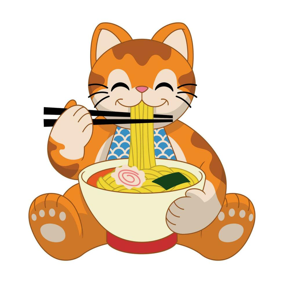 schattig kat aan het eten ramen noodle vector