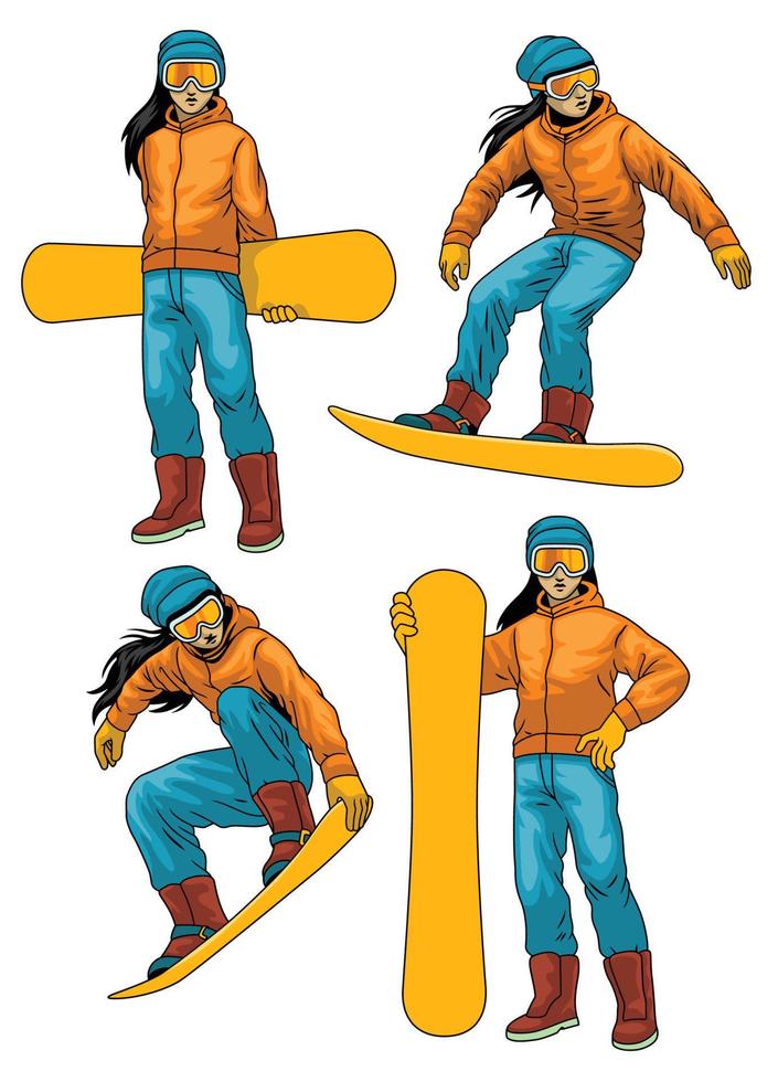 reeks van vrouw spelen snowboard vector