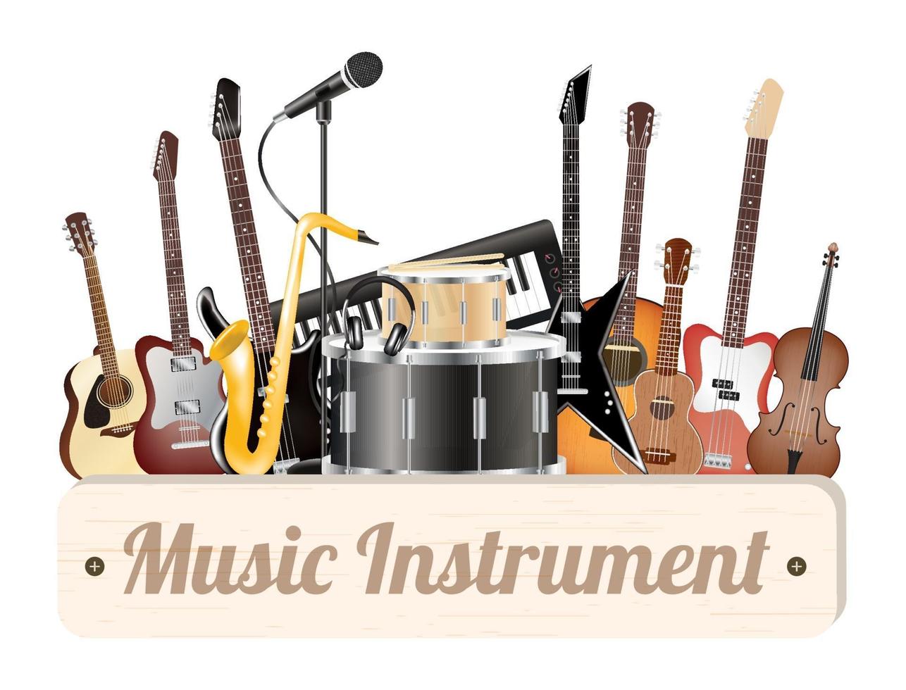 muziekinstrument houten bord met elektrische akoestische gitaar, bas, drum, snare viool, ukelele, saxofoon, keyboard, microfoon en hoofdtelefoon vector